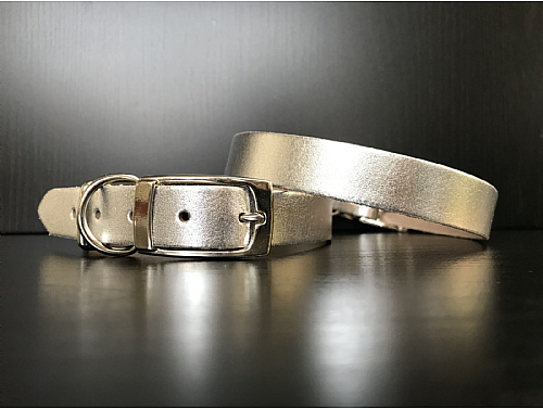 Silver - Leather Dog Collar - Size M