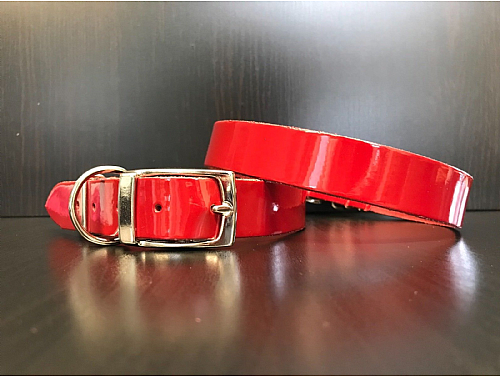 Red High Gloss - Leather Dog Collar - Size L
