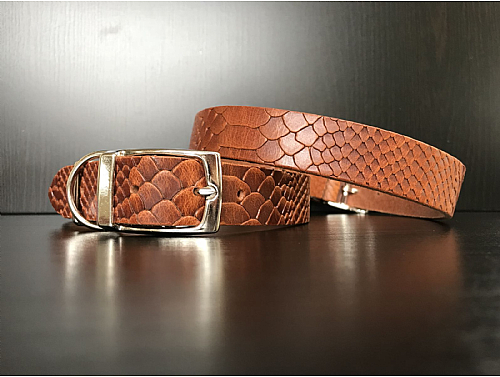 Tan Reptile Pattern - Leather Dog Collar - Size L