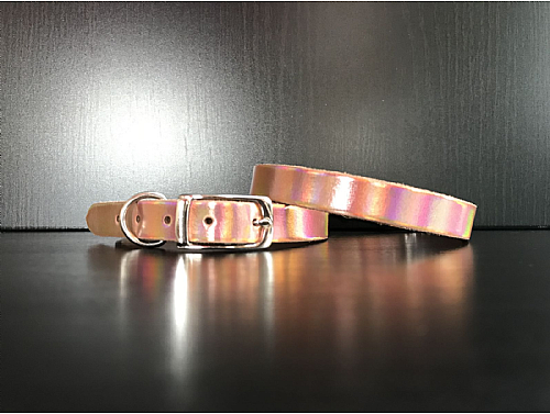 Rose Gold Holographic - Leather Dog Collar - Size S
