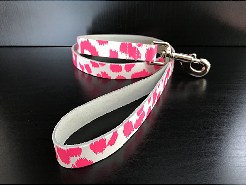 White with Pink Leopard Print - Real Leather Dog Lead - 110 cm
