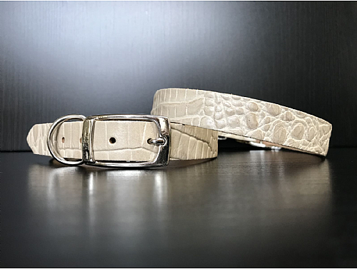 Beige Reptile Pattern - Leather Dog Collar - Size M